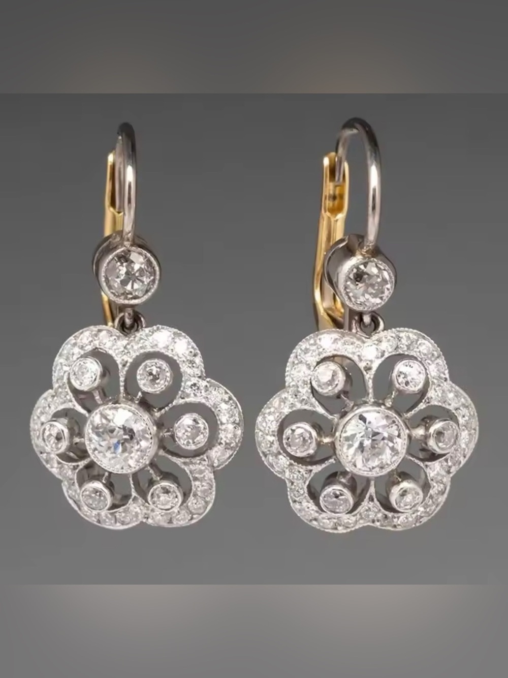 Italian Vintage Floral Crystal Dangle Earrings Two Tone Gold Tone Silver Tone